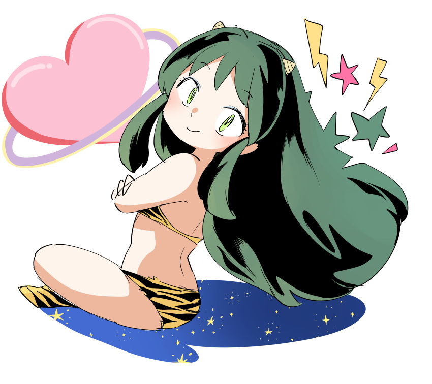 1girl absurdres animal_print ass bare_shoulders bikini closed_mouth commentary_request crossed_arms full_body green_eyes green_hair heart highres horns jako_(jakoo21) lightning_bolt_symbol long_hair looking_at_viewer looking_to_the_side lum print_bikini sketch smile solo star_(symbol) swimsuit tiger_print urusei_yatsura very_long_hair white_background yellow_bikini