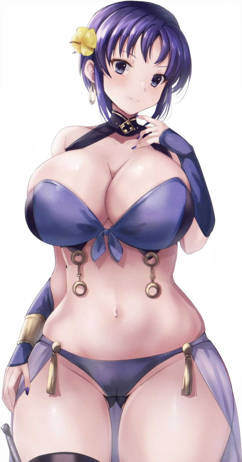 1girl ass_visible_through_thighs bare_shoulders bikini blue_bikini breasts cleavage curvy earrings elbow_gloves fire_emblem fire_emblem:_the_blazing_blade fire_emblem_heroes flower gloves hair_flower hair_ornament highres huge_breasts jewelry looking_at_viewer nail_polish official_alternate_costume purple_eyes purple_hair short_hair smile solo swimsuit ursula_(fire_emblem) yui_(msy1302mana)