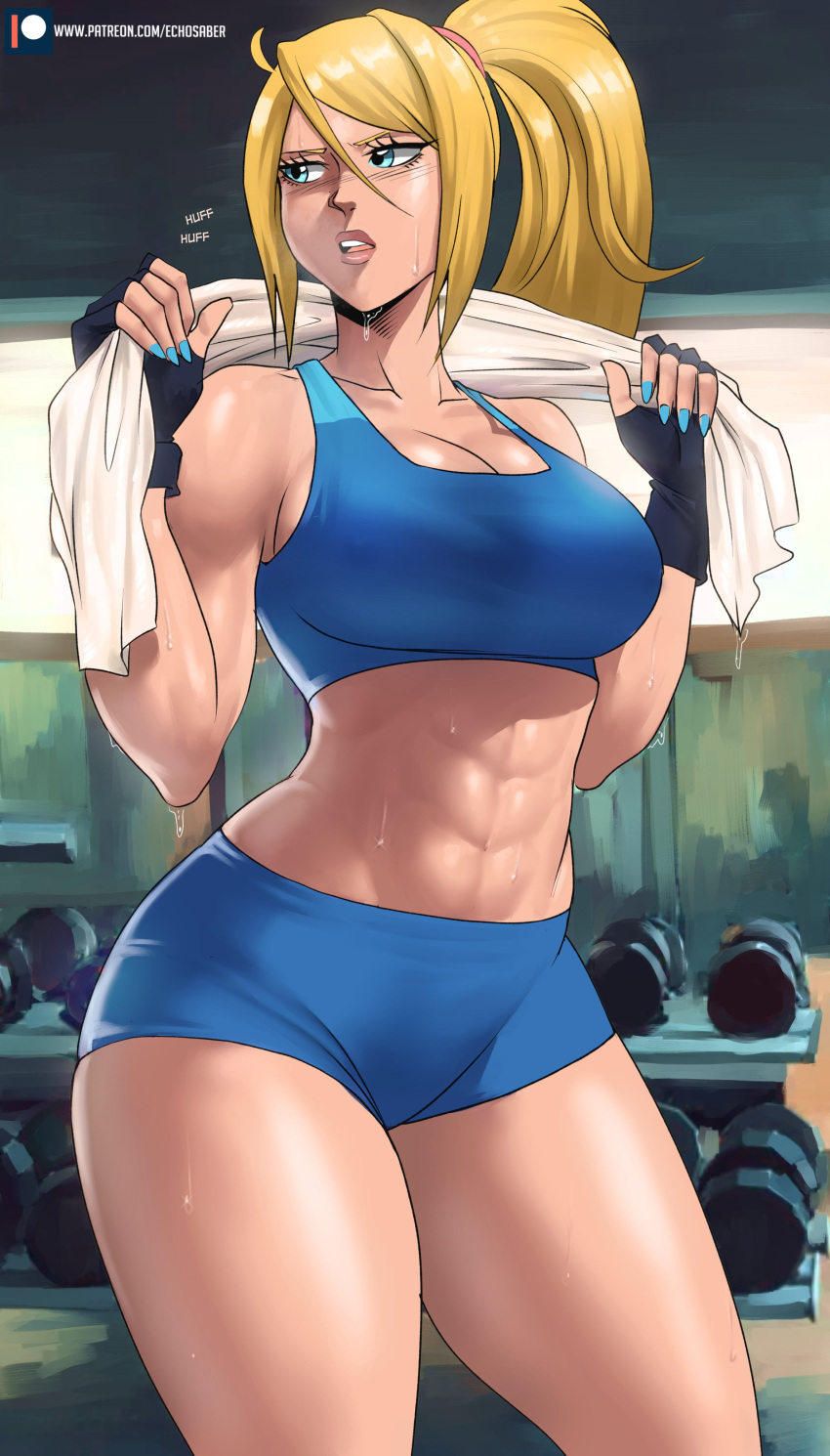 1girl abs absurdres bare_arms bare_shoulders black_gloves blonde_hair blue_eyes blue_nails blue_shorts breasts cleavage collarbone commentary cowboy_shot crop_top echo_saber fingerless_gloves gloves hair_between_eyes hands_up highres holding holding_towel large_breasts long_hair metroid midriff nail_polish navel parted_lips ponytail samus_aran short_sleeves shorts solo sports_bra standing stomach sweat thick_thighs thighs towel