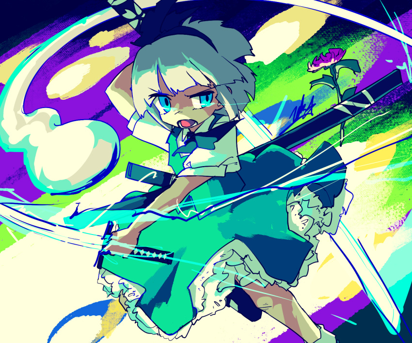 1girl :d black_bow black_hairband blue_eyes bob_cut bow doggo_1d34 flower ghost ghost_tail green_skirt green_vest hairband highres hitodama holding holding_sword holding_weapon katana konpaku_youmu konpaku_youmu_(ghost) lightning open_mouth pink_flower scabbard sheath shirt short_hair short_sleeves signature skirt smile solo sword touhou vest wakizashi weapon white_hair white_shirt