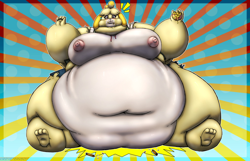 2020 absurd_res animal_crossing anthro apple areola belly big_belly big_breasts blush bodily_fluids bottomwear breasts canid canine canis clothing deep_navel domestic_dog eating female food fur hi_res huge_breasts huge_thighs isabelle_(animal_crossing) mammal morbidly_obese morbidly_obese_anthro morbidly_obese_female multicolored_body multicolored_fur navel nintendo nipples obese obese_anthro obese_female overweight overweight_anthro overweight_female shih_tzu skirt solo sweat sweatdrop thick_thighs topwear torn_clothing torn_skirt torn_vest toy_dog two_tone_body two_tone_fur vest video_games viroveteruscy