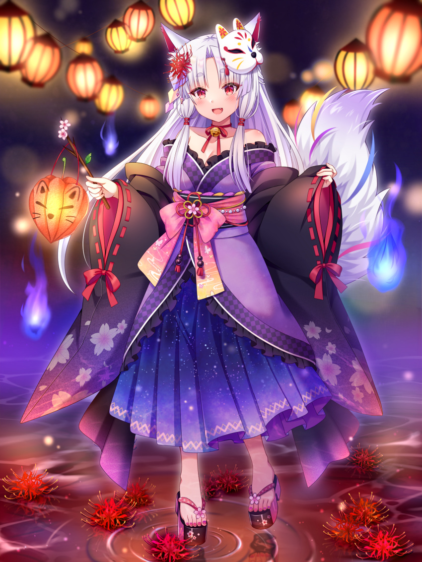 1girl animal_ears blue_fire breasts cleavage fang fire flower fox_ears fox_girl fox_tail grey_hair highres lantern long_hair nail_polish original red_eyes sidelocks slit_pupils solo spider_lily suzumia_(daydream) tail toenail_polish toenails traditional_youkai white_hair