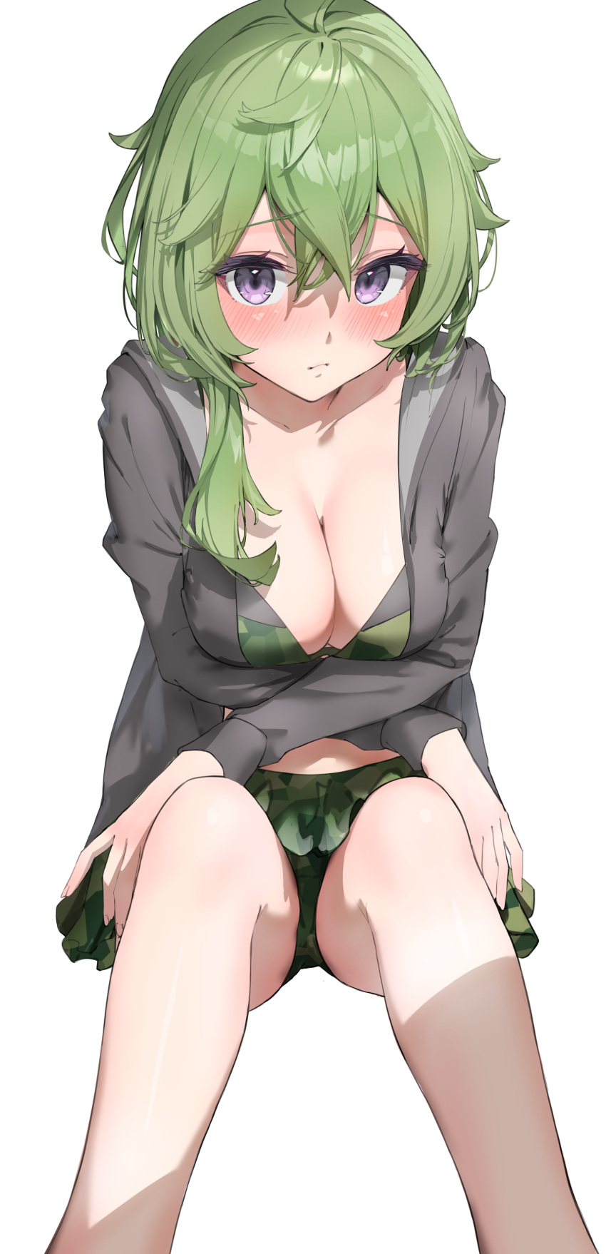 1girl :/ absurdres bangs bare_legs bikini bikini_under_clothes blush breasts cleavage closed_mouth collei_(genshin_impact) crossed_arms crossed_bangs feet_out_of_frame genshin_impact green_bikini green_hair highres jacket long_sleeves looking_at_viewer medium_breasts medium_hair midriff open_clothes open_jacket purple_eyes sidelocks simple_background sitting solo swimsuit thighs white_background xkirara39x