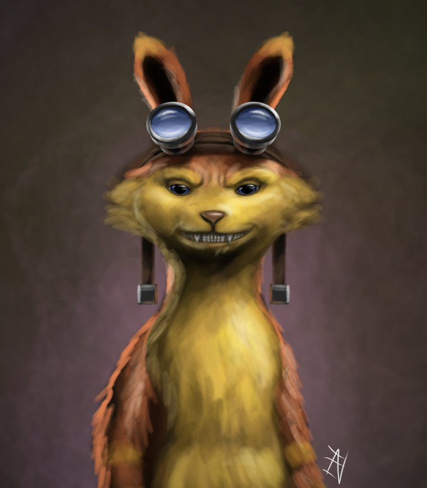 2022 anthro clenched_teeth daxter ears_up evil_grin eyewear eyewear_on_head fangs front_view fur goggles goggles_on_head half-closed_eyes half-length_portrait hi_res ian-exe jak_and_daxter looking_at_viewer male mammal mustelid narrowed_eyes naughty_dog ottsel portrait smile smiling_at_viewer solo sony_corporation sony_interactive_entertainment teeth video_games