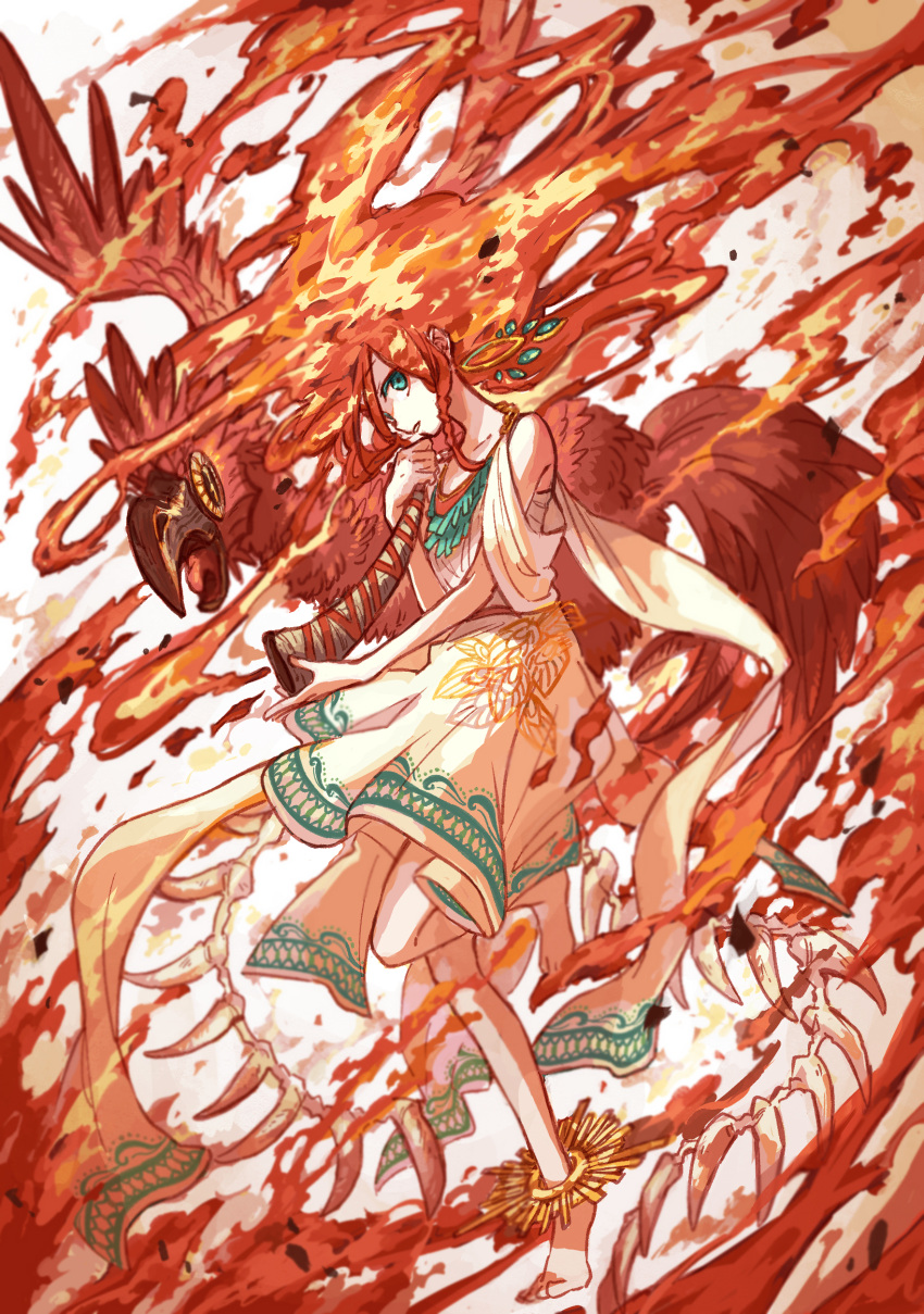 1girl absurdres anklet aqua_eyes barefoot bird bone braid dress fiery_hair fire full_body highres holding holding_instrument horn_(instrument) instrument jewelry looking_at_viewer original ototoi_(eevees813) parted_lips phoenix red_bird red_hair side_braid sideways_glance solo standing standing_on_one_leg white_dress