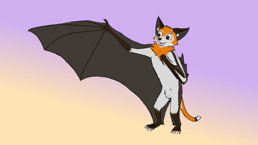 16:9 ambiguous_gender anthro brown_body brown_eyes brown_fur calcar chiropteran claws crotch_tuft dipstick_tail featureless_crotch feet flat_colors fluffy_chest fur gradient_background hi_res hindpaw jack_desmodus mammal markings membrane_(anatomy) membranous_wings multi_tone_fur multi_tone_tail multicolored_body multicolored_fur multicolored_tail neck_tuft nude oddly_arousing orange_body orange_fur orange_tail paws pose realistic_wings semi-anthro simple_background solo standing tail_markings teeth tragus tuft white_body white_fur widescreen wings yellow_sclera