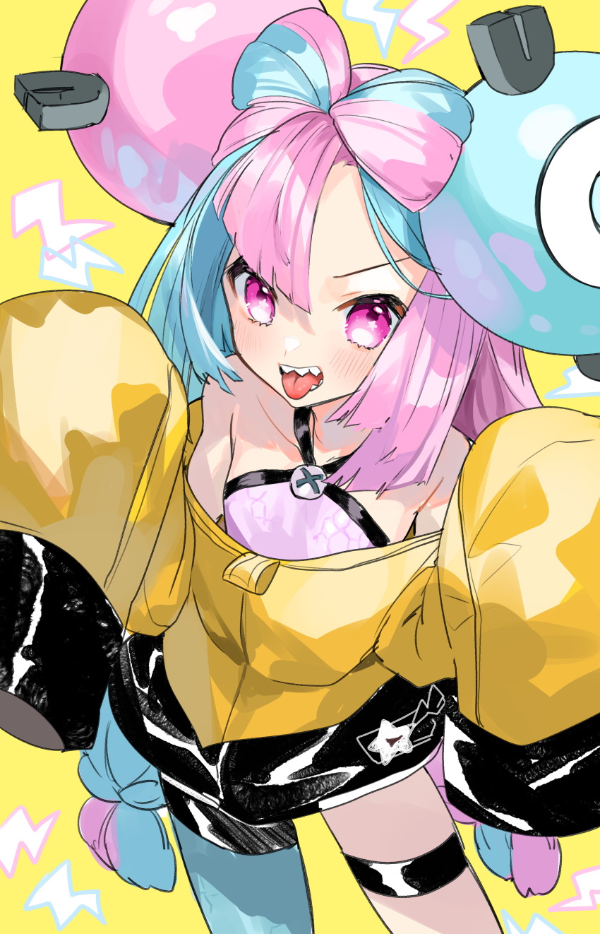 1girl aano_(10bit) absurdres aqua_hair bangs blush bow-shaped_hair breasts character_hair_ornament hair_ornament highres iono_(pokemon) jacket long_hair looking_at_viewer multicolored_hair open_mouth pink_hair pokemon pokemon_(game) pokemon_sv sharp_teeth sleeves_past_fingers sleeves_past_wrists small_breasts smile solo teeth two-tone_hair very_long_hair yellow_jacket