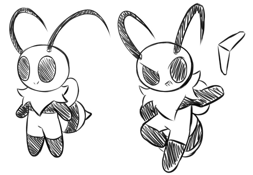 antennae_(anatomy) anthro arthropod arthropod_abdomen bee biped black_eyes boomerang bug_fables female hymenopteran insect insect_wings line_art monochrome moonsprout_games neck_tuft simple_background smile solo standing stripes tuft vi_(bug_fables) white_background wings woebeeme