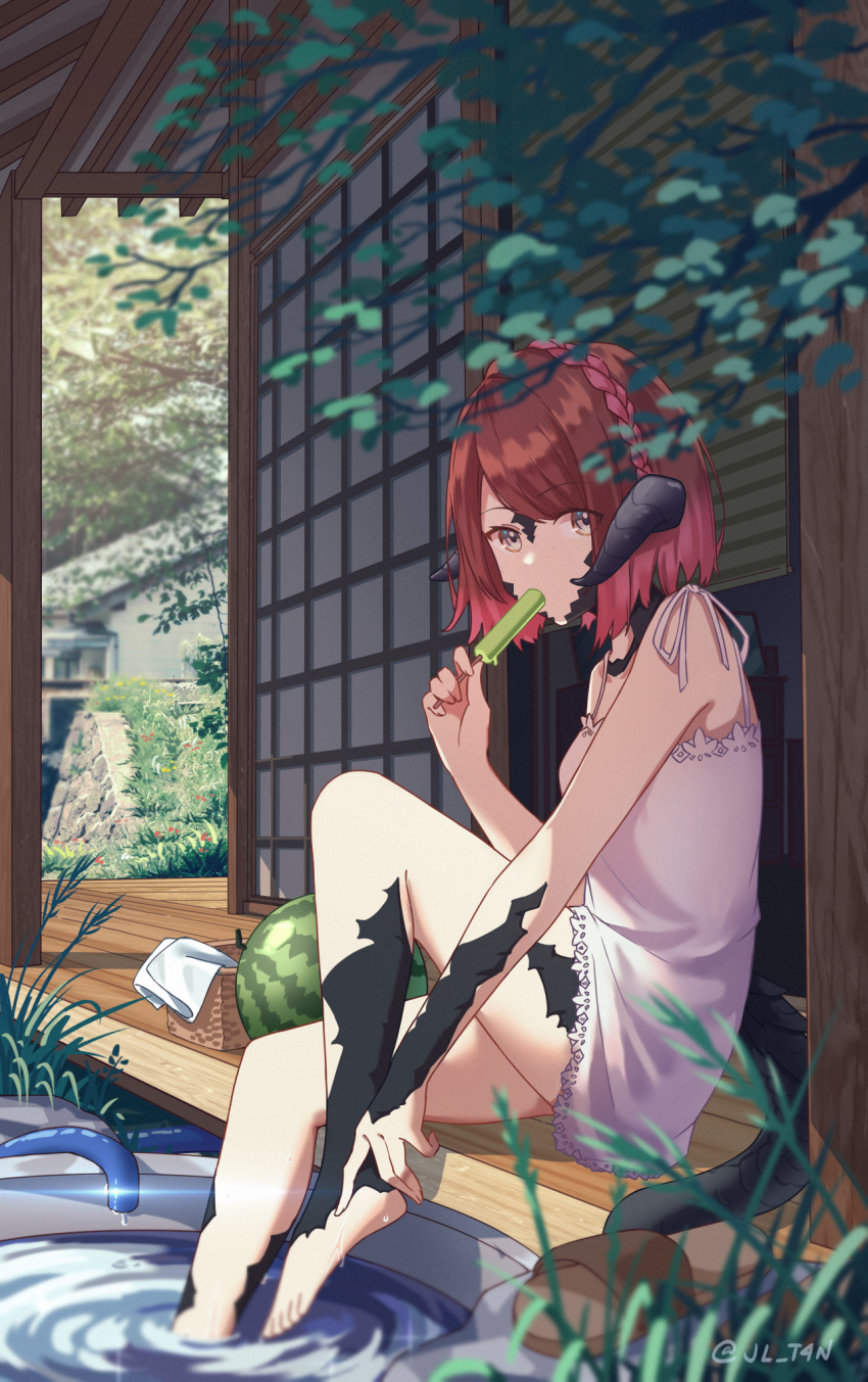 1girl architecture au_ra avatar_(ff14) bangs barefoot brown_eyes building commission dragon_horns dragon_tail dress east_asian_architecture final_fantasy final_fantasy_xiv food fruit highres horns jl_tan looking_at_viewer popsicle red_hair short_hair sitting solo tail water watermelon