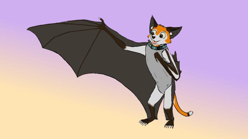 16:9 ambiguous_gender anthro brown_body brown_eyes brown_fur calcar chiropteran claws clothing collar dipstick_tail feet flat_colors fur furgonomics gradient_background grey_clothing hi_res hindpaw jack_desmodus mammal markings membrane_(anatomy) membranous_wings multi_tone_fur multi_tone_tail multicolored_body multicolored_fur multicolored_tail oddly_arousing orange_body orange_fur orange_tail paws pose realistic_wings semi-anthro simple_background solo standing tail_markings teeth tragus white_body white_fur widescreen wings yellow_sclera