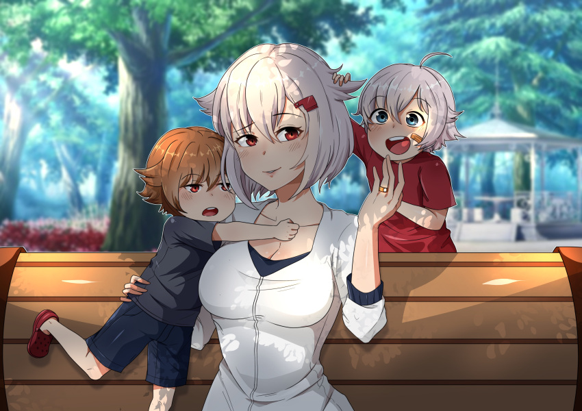 1girl 2boys absurdres ahoge azur_lane black_shorts blue_eyes brown_hair canned_sardines commission english_commentary grey_hair grey_shirt hair_between_eyes hair_flaps hair_ornament highres jewelry montpelier_(azur_lane) mother_and_son multiple_boys orange_eyes red_eyes red_shirt ring shirt short_hair short_sleeves shorts siblings sitting_on_bench teeth twins upper_teeth wedding_ring