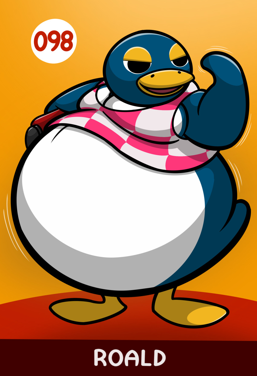 2022 absurd_res animal_crossing anthro avian belly big_belly bird bottomless bottomless_anthro bottomless_male clothed clothing half-closed_eyes hi_res male narrowed_eyes nintendo number obese obese_anthro obese_male open_mouth overweight overweight_anthro overweight_male penguin raised_arm roald_(animal_crossing) sewergator shirt smile solo standing tank_top text topwear video_games