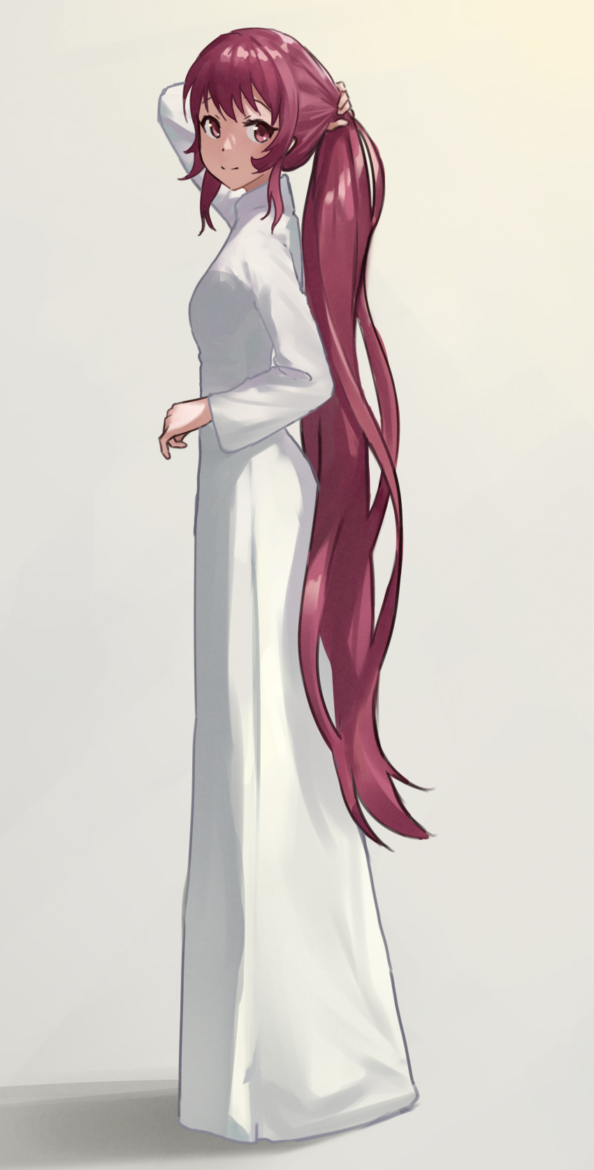 1girl absurdres closed_mouth dress from_side full_body grey_background highres keibi_inu long_dress long_hair long_sleeves looking_at_viewer red_eyes red_hair shiny shiny_hair smile solo standing sugiura_ayano tying_hair very_long_hair white_dress yuru_yuri