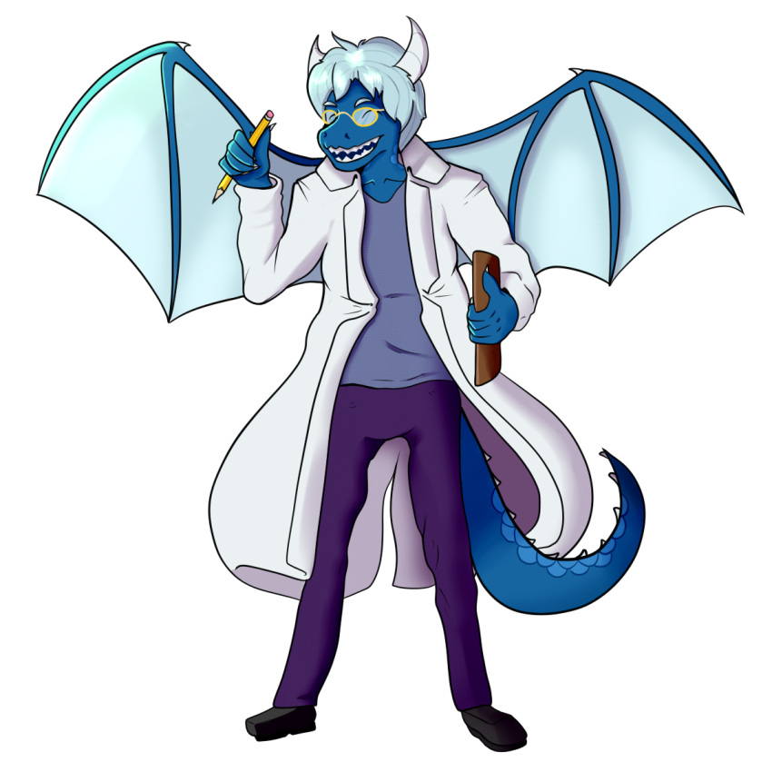 1:1 ahoge alpha_channel anthro blue_body blue_hair blue_scales bottomwear chazster clipboard clothing coat crystal_heart_(light_realm) dragon eyewear female footwear glasses hair hi_res horn lab_coat pants pencil_(object) scales scalie shirt shoes solo tail teeth topwear wings