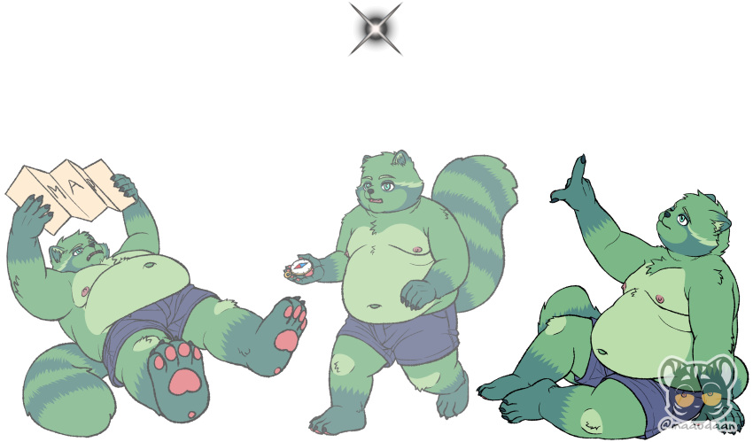 2022 4_toes 5_fingers absurd_res anthro bent_arm bottomwear claws clothing compass digital_media_(artwork) feet fingers fred_(fredrick_brennan) front_view fur green_body green_fur group hi_res holding_object looking_up lying maaudaan_tg male mammal map navel nipples on_back overweight overweight_anthro overweight_male pawpads procyonid raccoon shorts side_view sitting standing toes trio walking watermark