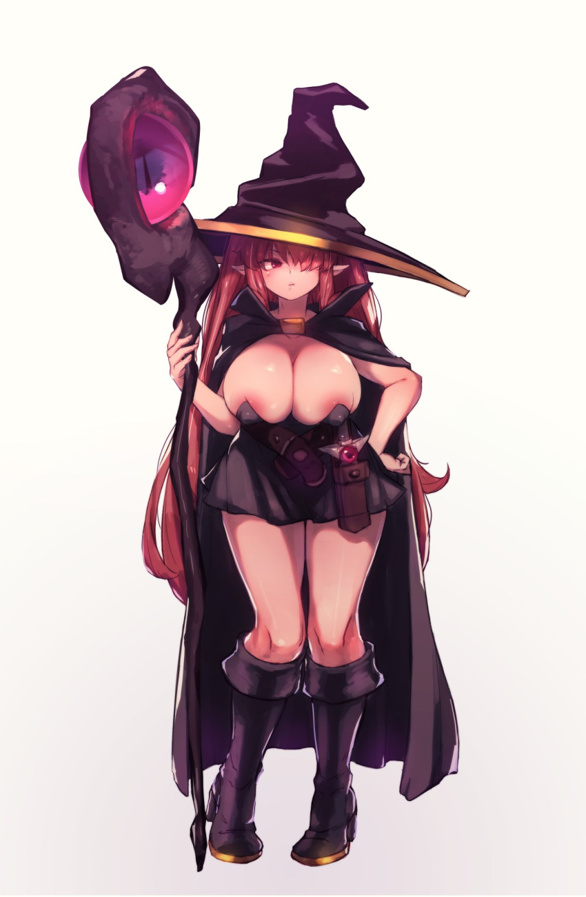 1girl black_cloak black_footwear black_headwear boots breasts brown_eyes brown_hair cleavage cloak dae_mon3 dagger dress elf full_body gem hair_over_one_eye hand_on_hip hat highres knee_boots knife large_breasts long_hair nipple_slip nipples original pointy_ears sheath sheathed short_dress solo staff strapless strapless_dress thighs weapon witch witch_hat