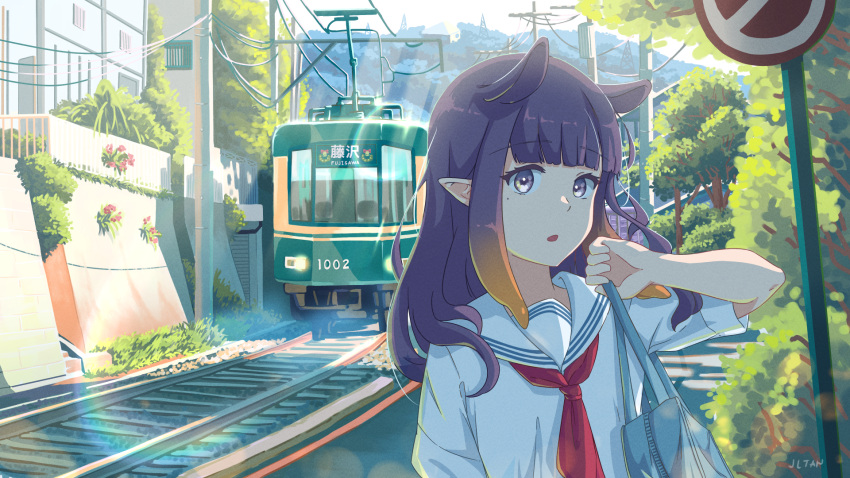 1girl :o alternate_costume bag bangs enoshima_electric_railway ground_vehicle hair_behind_ear highres holding holding_bag hololive hololive_english jl_tan mole mole_under_eye ninomae_ina'nis outdoors pointy_ears power_lines purple_eyes purple_hair scenery school_bag solo tentacle_hair train upper_body virtual_youtuber