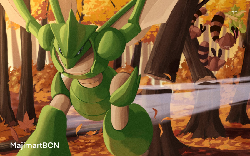 ambiguous_gender anthro autumn brown_body brown_fur colored cutting detailed_background feral forest fur generation_1_pokemon generation_2_pokemon green_body group hi_res leaf majimartbcn nintendo plant pokemon pokemon_(species) scyther sentret shaded tree video_games