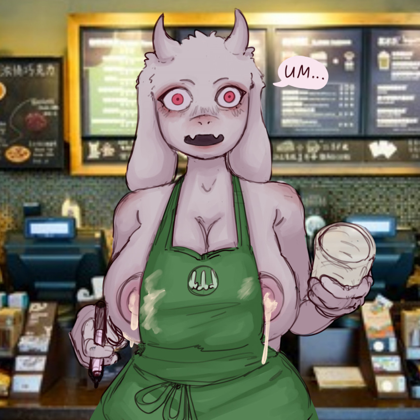 anthro barista big_breasts bodily_fluids bovid breasts caprine creepy female goat hi_res huge_breasts i_mean_breast_milk lactating mammal meme milk solo starbucks toriel undertale undertale_(series) video_games zahnzahnhase