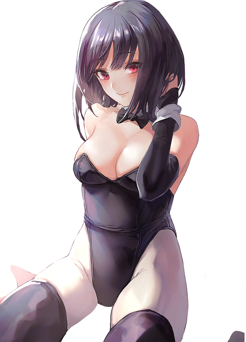 1girl absurdres bangs bare_shoulders black_hair black_leotard black_thighhighs blush breasts cleavage covered_navel detached_collar highleg highleg_leotard highres leotard looking_at_viewer medium_breasts original otsukemono pantyhose red_eyes short_hair sitting smile solo thighhighs thighhighs_over_pantyhose thighs wariza white_background white_pantyhose wrist_cuffs