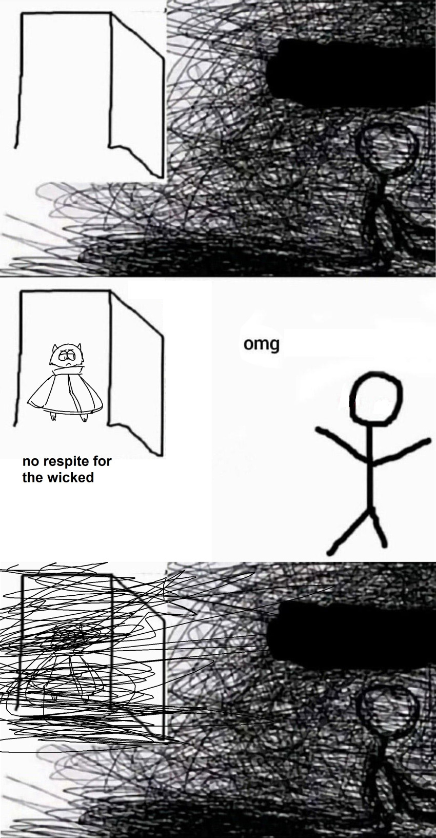 absurd_res ambiguous_gender anthro door duo english_text felid female frown half-closed_eyes hi_res human mammal meme monochrome narrowed_eyes open_door pantherine parfait_(plaga) plaga shitpost stick_figure text tiger