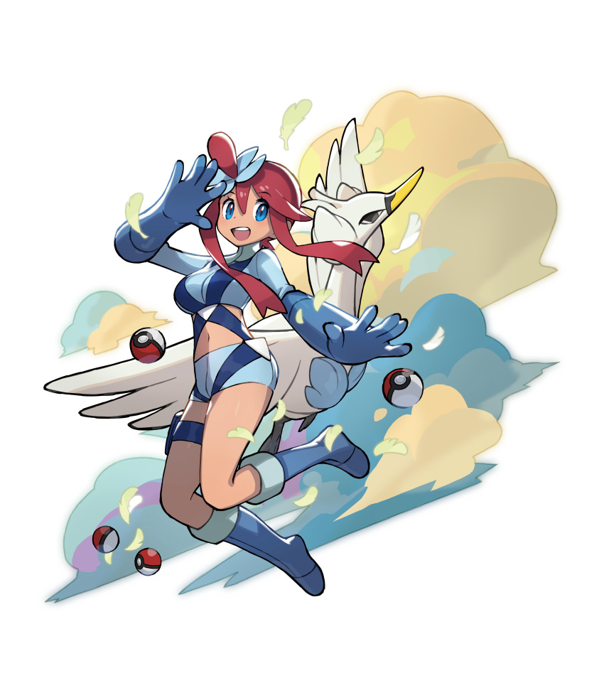 1girl absurdres bangs blue_eyes blue_footwear blue_gloves blue_shorts boots breasts commentary gloves hair_ornament highres large_breasts long_hair looking_at_viewer midriff navel official_art open_mouth pilot pokemon pokemon_(creature) pokemon_(game) pokemon_bw red_hair short_hair_with_long_locks short_shorts shorts sidelocks skyla_(pokemon) smile swanna symbol-only_commentary