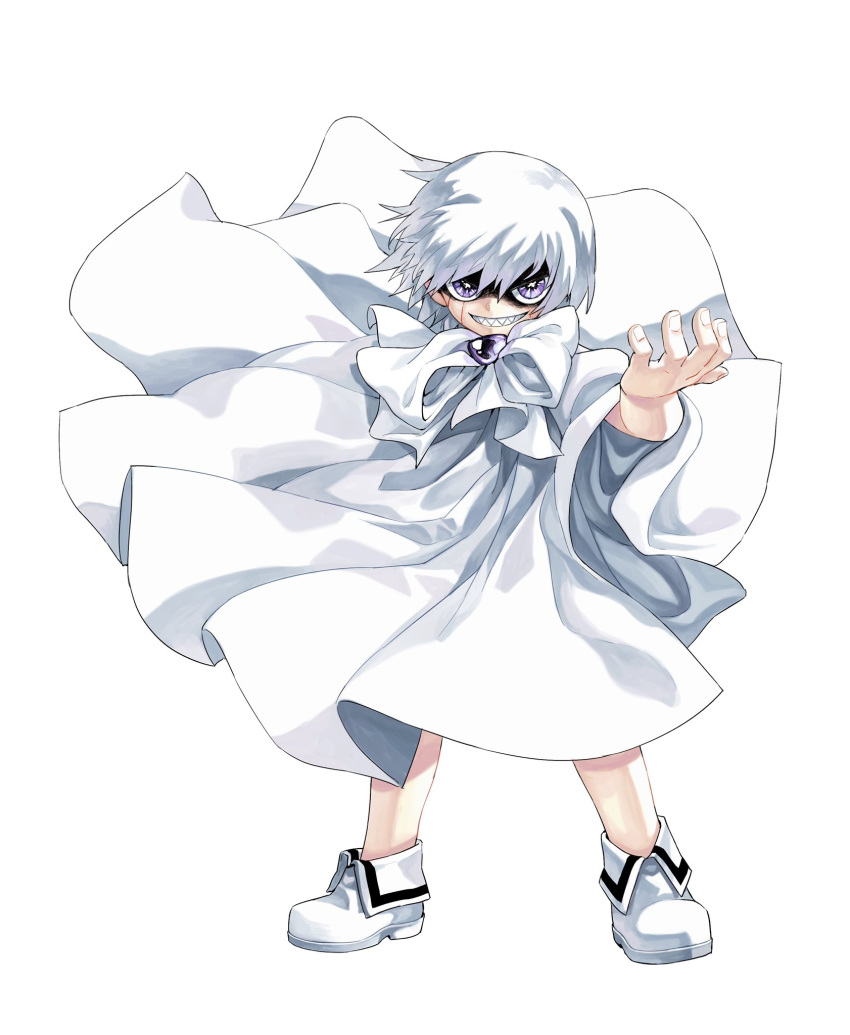 1boy dong_hole evil_smile floating_clothes floating_hair hair_between_eyes highres konjiki_no_gash!! outstretched_arm purple_eyes ribbon shaded_face sharp_teeth shirt short_hair simple_background smile solo teeth white_background white_footwear white_hair white_ribbon white_shirt zeon_bell