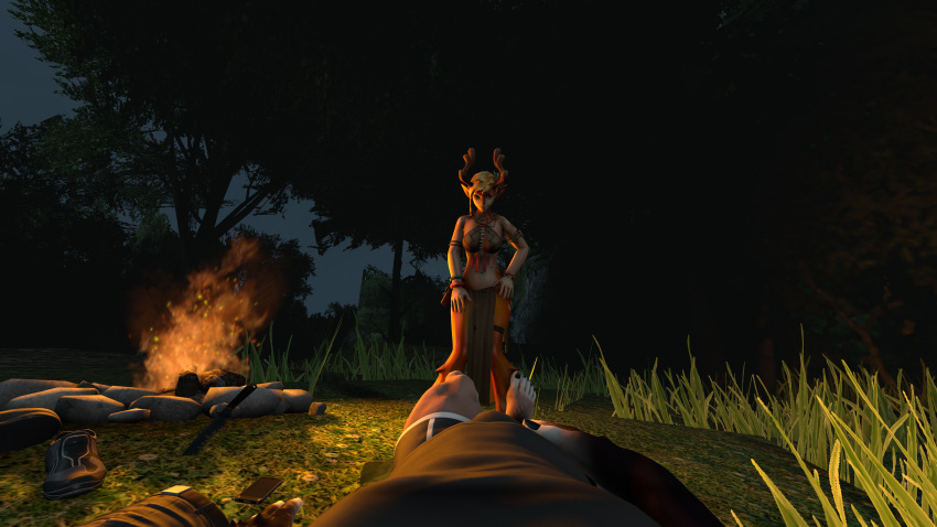 absurd_res anthro blossom_(battlerite) bulge camping cervid clothed clothing duo female fire first_person_view fully_clothed grass heckinhyena hi_res huge_filesize knife lagomorph male mammal petruz_(copyright) phone plant