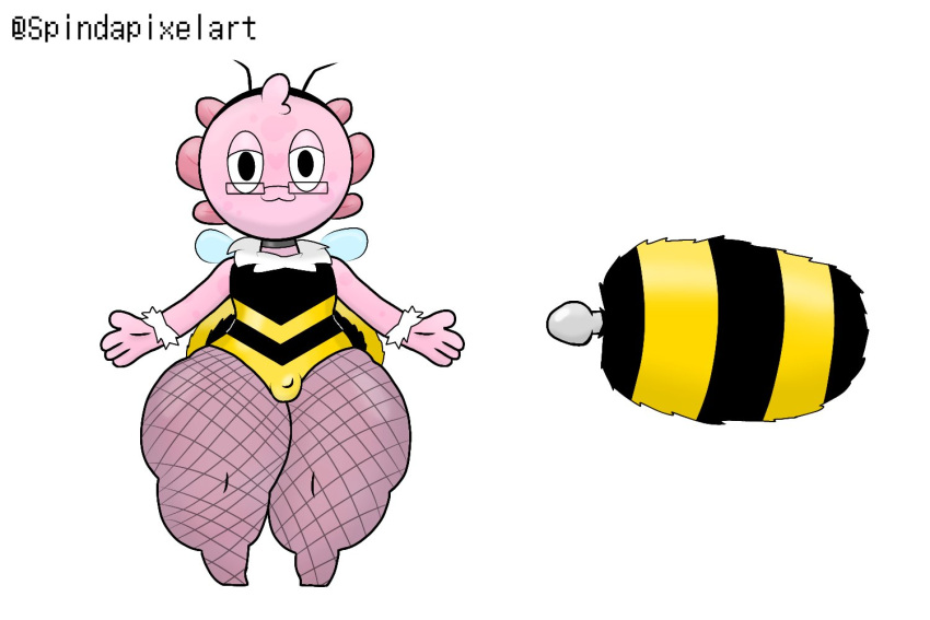 2021 3:2 amphibian anthro axoarts axolotl bee_costume biped black_eyes bulge buttplug buttplug_tail dirk_axolonso eyewear fake_tail fishnet front_view genital_outline glasses huge_thighs looking_at_viewer male marine mole_salamander penis_outline pink_body plug_(sex_toy) salamander_(amphibian) sex_toy simple_background solo standing thick_thighs white_background
