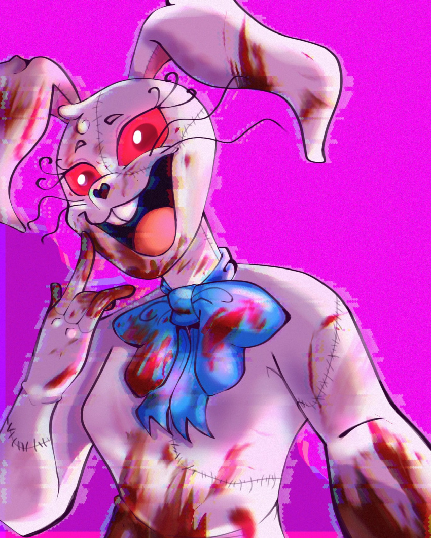 blood bodily_fluids bow_ribbon buckteeth clothing costume female five_nights_at_freddy's five_nights_at_freddy's:_security_breach hi_res humanoid lagomorph leporid mammal rabbit red_eyes scottgames simple_background smile solo spidercheetos teeth vanny_(fnaf) video_games