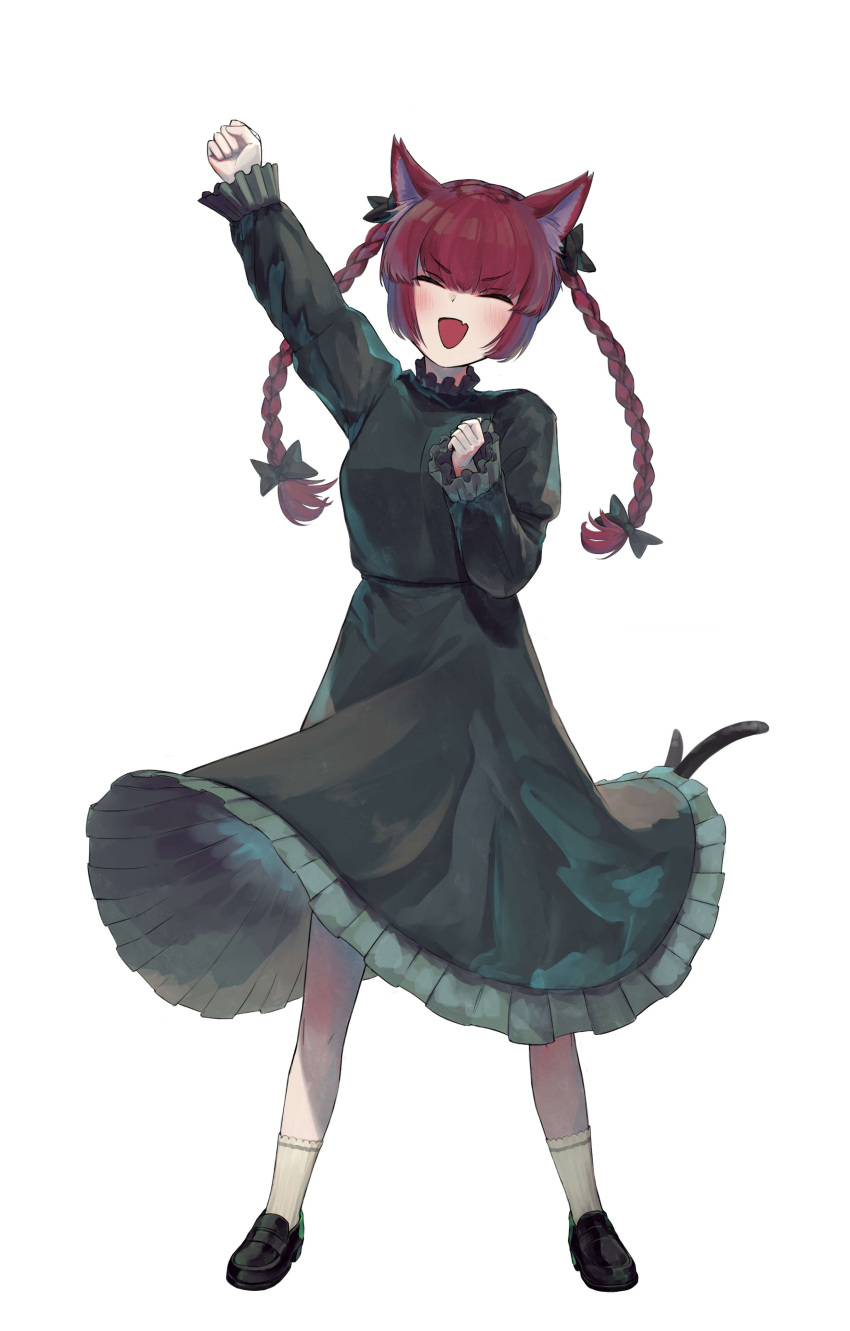 1girl :d absurdres animal_ears arm_up bangs black_footwear blunt_bangs blush bow braid breasts cat_ears cat_tail dress fang full_body green_dress highres kaenbyou_rin kiyonetto medium_breasts multiple_tails nekomata open_mouth paw_pose red_hair shoes simple_background skin_fang smile solo tail touhou twin_braids two_tails v-shaped_eyebrows white_background