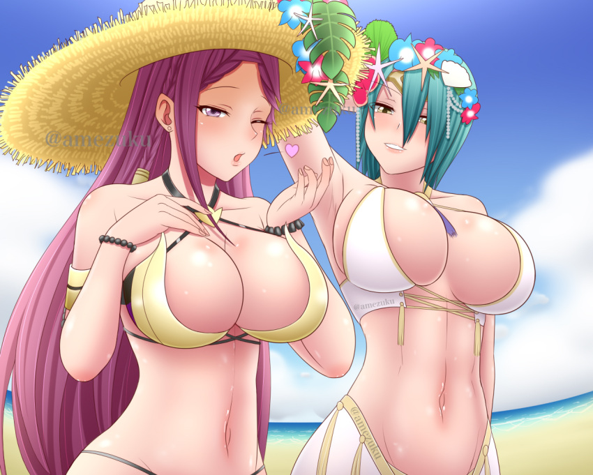 2girls abs amezuku arm_behind_head arm_up armpits bangs bare_shoulders beach bikini blowing_kiss braid breasts circlet cleavage cloud cloudy_sky fire_emblem fire_emblem_heroes flower gold_trim green_hair hair_ornament hand_on_own_chest hat head_wreath jewelry large_breasts lips loki_(fire_emblem) long_hair looking_at_viewer multiple_girls navel ocean one_eye_closed open_mouth purple_bikini purple_eyes purple_hair shell_hair_ornament skindentation sky smile straw_hat swimsuit thorr_(fire_emblem) white_bikini yellow_eyes