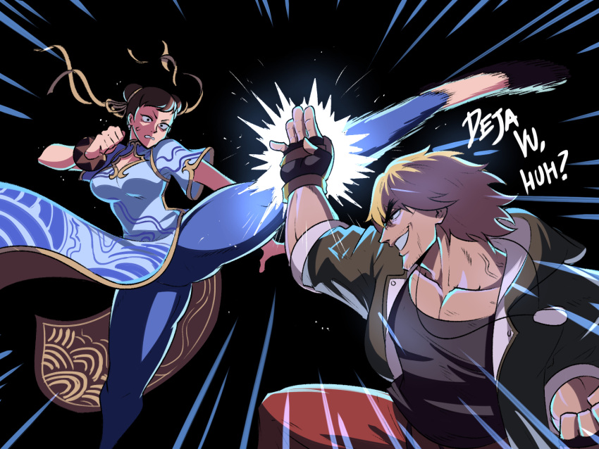 1boy 1girl blonde_hair brown_hair chun-li cleavage_cutout clothing_cutout dog_tags evo_moment_#37 fingerless_gloves gloves hair_ribbon highres ken_masters kicking leggings parrying ribbon street_fighter street_fighter_6 tina_fate wrist_cuffs