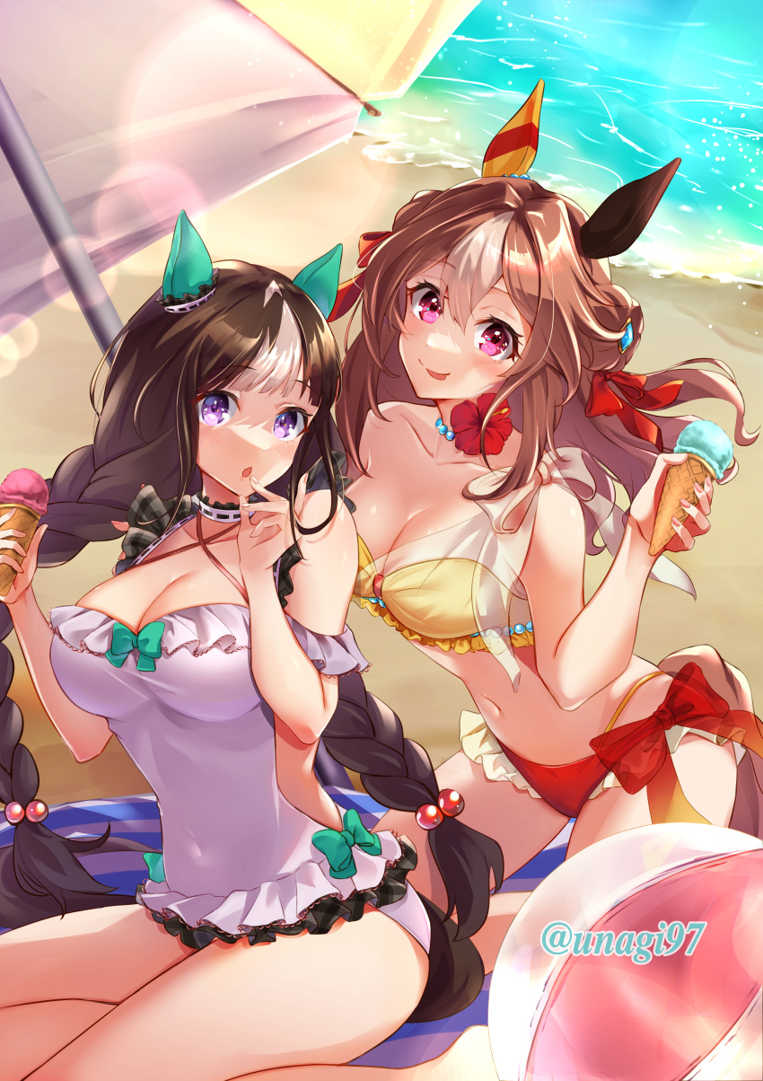 2girls :p absurdres artist_name ball barefoot beach beach_umbrella beachball braid breasts brown_hair cleavage collarbone copano_rickey_(umamusume) day flower food frilled_swimsuit frills hair_ornament hair_ribbon hibiscus highres hokko_tarumae_(umamusume) holding holding_food holding_ice_cream horse_girl horse_tail ice_cream kneeling large_breasts light_rays long_hair looking_at_viewer multicolored_hair multiple_girls ocean one-piece_swimsuit open_mouth outdoors pink_eyes purple_eyes red_flower red_ribbon ribbon sitting smile sodemaru_unagi streaked_hair summer sunbeam sunlight swimsuit tail tongue tongue_out twin_braids umamusume umbrella