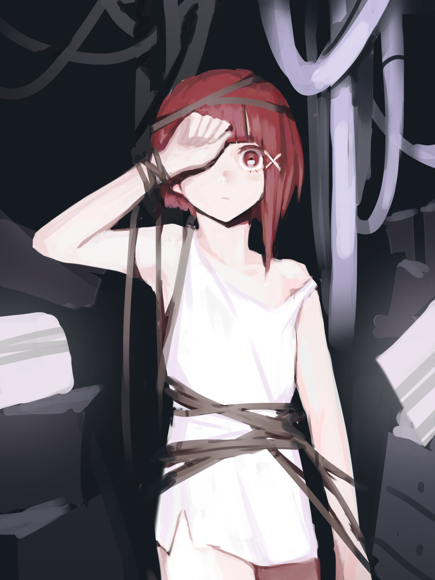 1girl absurdres asymmetrical_hair bakage brown_eyes brown_hair cable camisole covering_one_eye dress hair_ornament hairclip highres iwakura_lain serial_experiments_lain short_hair single_sidelock solo_focus x_hair_ornament