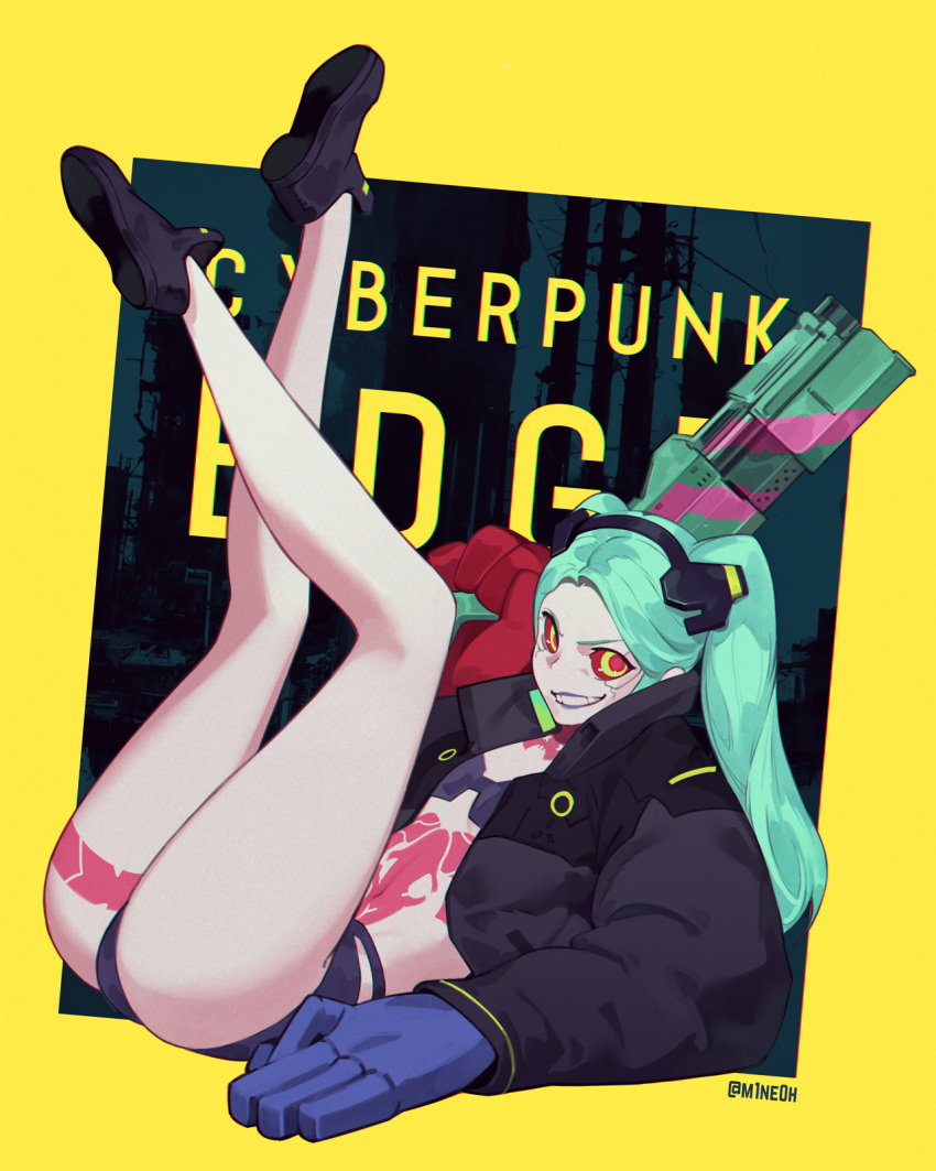 1girl breasts colored_sclera cyberpunk_(series) cyberpunk_edgerunners cyborg green_eyes green_hair gun highres holding holding_gun holding_weapon jacket jiro_(ninetysix) leg_tattoo legs_up mechanical_hands open_clothes open_jacket oversized_forearms oversized_limbs pink_tattoo rebecca_(cyberpunk) red_pupils red_sclera small_breasts smile solo stomach_tattoo tattoo twintails weapon