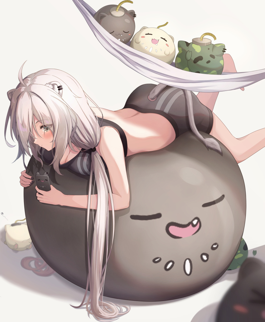 1girl absurdres ahoge animal_ears bangs blush bomb breasts cleavage crop_top ear_piercing grey_eyes grey_hair hair_between_eyes hammock highres holding holding_phone hololive large_breasts lion_ears lion_girl lion_tail long_hair lying messy_hair on_stomach phone piercing shishiro_botan sidelocks simple_background solo ssrb striped suicabar72 tail tail_through_clothes virtual_youtuber white_background