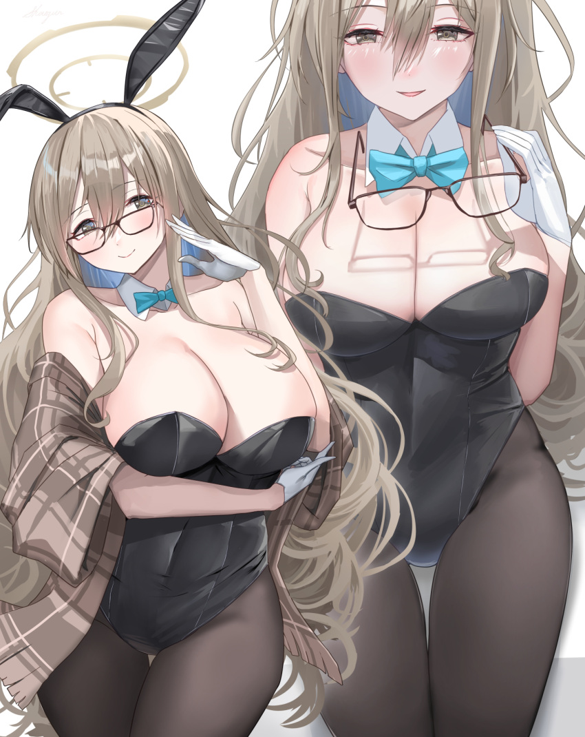 1girl akane_(blue_archive) bare_shoulders black_leotard black_pantyhose blue_archive blue_bow blue_bowtie blush bow bowtie breasts cleavage closed_mouth collarbone detached_collar glasses gloves hair_between_eyes halo highres leotard long_hair multiple_views pantyhose playboy_bunny shougun_(chuckni1) smile thighs white_background white_gloves