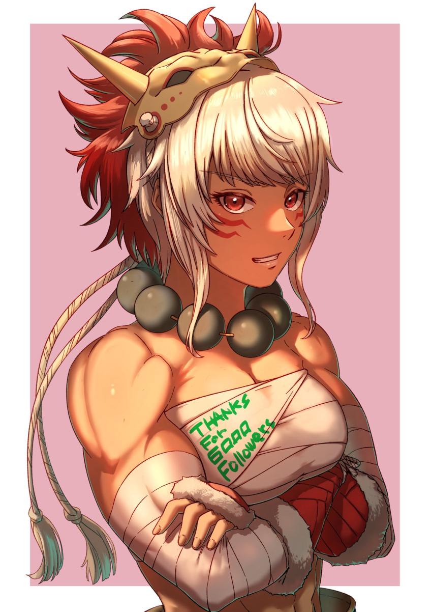 1girl aduti_momoyama bandaged_arm bandages bandeau bangs bare_shoulders bead_necklace beads border chest_sarashi clothes_writing commentary_request crossed_arms facial_mark fire_emblem fire_emblem_fates grin highres jewelry looking_at_viewer mask mask_on_head milestone_celebration muscular necklace outside_border pink_background red_eyes rinkah_(fire_emblem) sarashi short_hair simple_background smile solo strapless tube_top upper_body whisker_markings white_border white_hair