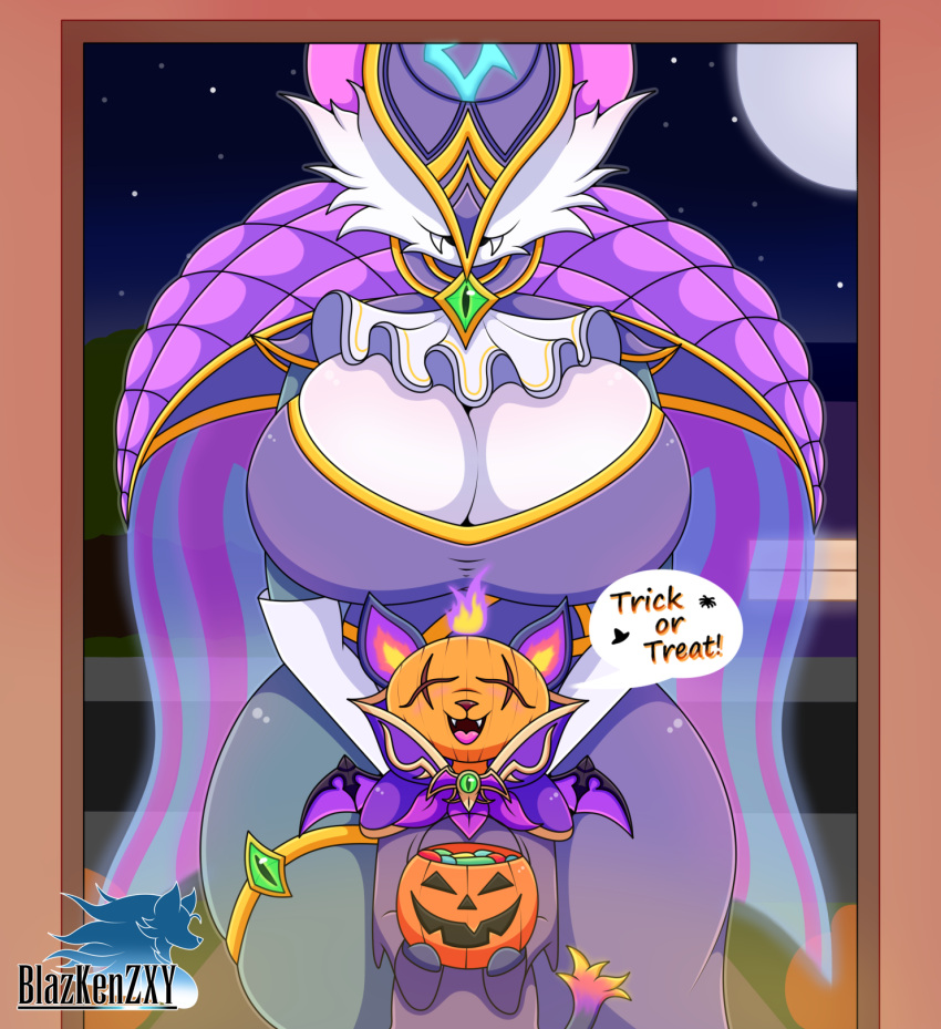 2022 anivia_(lol) anthro bewitching_anivia_(lol) bewitching_yuumi big_breasts black_body black_fur blazkenzxy breasts candy chiropteran cleavage clothed clothing dessert dialogue digital_drawing_(artwork) digital_media_(artwork) domestic_cat duo eyes_closed fangs felid feline felis female fire food fruit fur gem halloween hat headgear headwear hi_res holidays jewelry larger_female league_of_legends mammal multicolored_body multicolored_fur multicolored_tail obscured_eyes plant pumpkin pumpkin_head riot_games signature simple_background size_difference text thick_thighs trick_or_treat two_tone_body two_tone_fur video_games white_body white_fur wide_hips wings witch_hat yuumi_(lol)