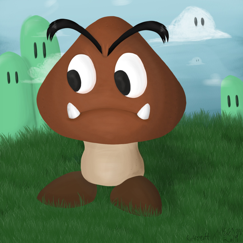 1:1 2019 ambiguous_gender black_eyebrows black_eyes blue_sky brown_body brown_face brown_feet brown_head brown_skin cloud day digital_media_(artwork) english_text eyebrows goomba grass hi_res hill kiwikritter mario_bros mouth_closed nintendo plant shaded shadow signature sky solo standing teeth text video_games