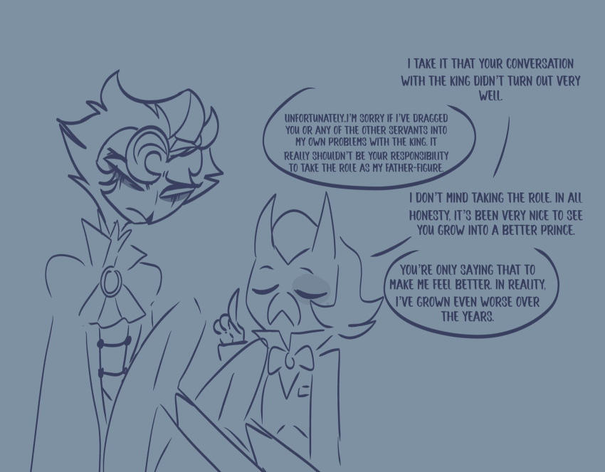 anthro avian bird blue_background blue_text dialogue duo eyes_closed formal_clothing formal_wear frown goth helluva_boss hi_res imp looking_down male owl owl_demon sad simple_background sitting stolas_(helluva_boss) teathekook text