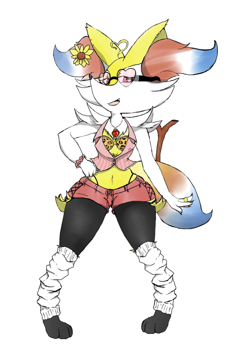 2022 4_fingers anthro bottomwear braixen chest_tuft clothing digit_ring female fingers flower flower_in_fur fur generation_6_pokemon gyaru hand_on_hip heart_ahoge heart_glasses heart_necklace hi_res highlights_(coloring) hotpants inner_ear_fluff isabel_(atomic417) jewelry looking_at_viewer loose_socks midriff multicolored_body multicolored_fur nintendo paws piercing plant pokemon pokemon_(species) pose purple_eyes renv ring shorts signature smile smirk solo sunflower thong_straps tuft two_tone_body two_tone_fur video_games wedding_ring white_body white_fur yellow_body yellow_fur