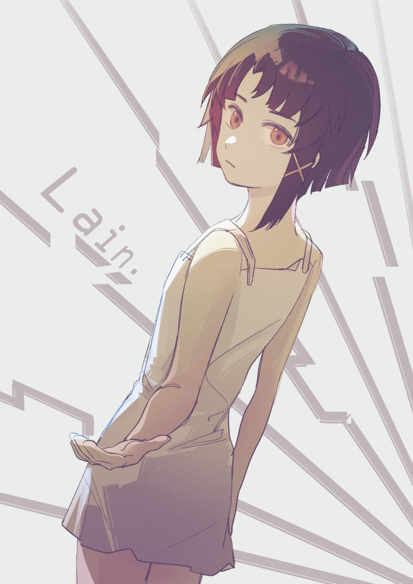 1girl absurdres asymmetrical_hair bangs brown_eyes brown_hair camisole ganezugarrrrr hair_ornament hairclip highres iwakura_lain looking_at_viewer serial_experiments_lain short_hair single_sidelock x_hair_ornament