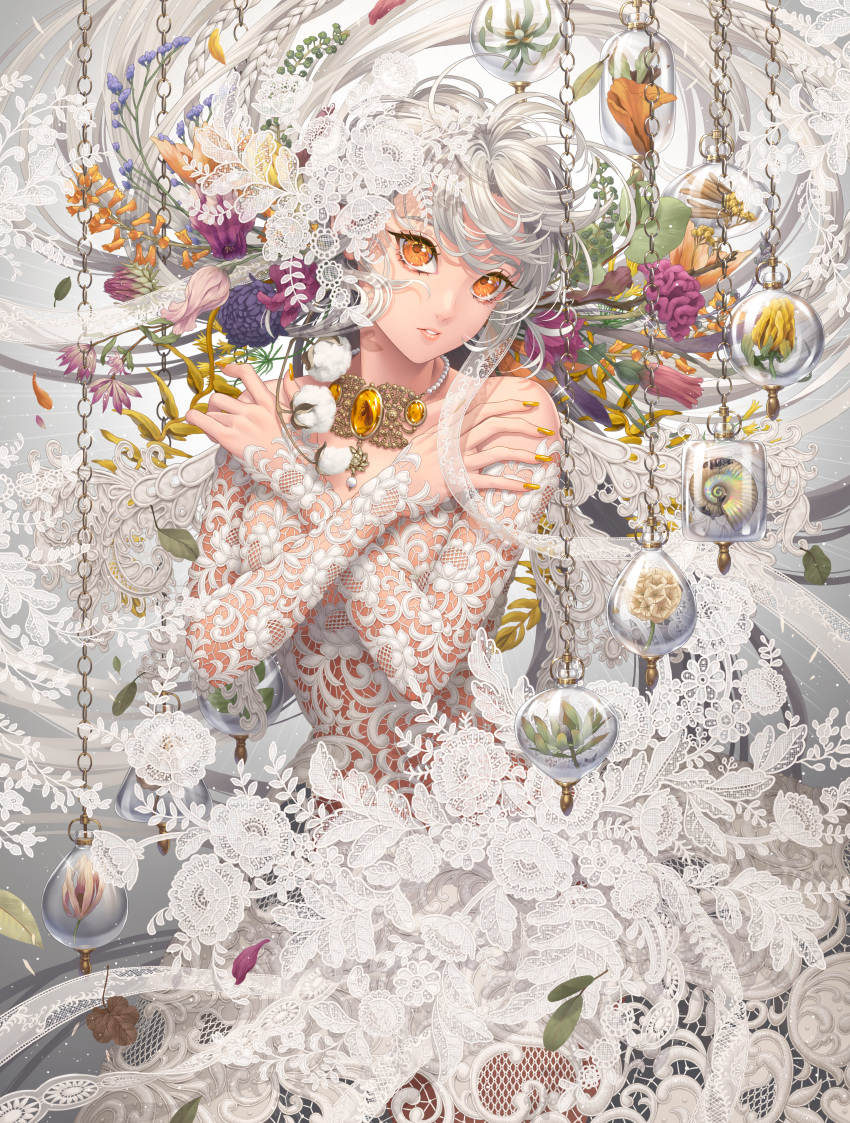 1girl absurdres bare_shoulders breasts commentary dress english_commentary flower frilled_dress frills grey_hair highres jewelry lace long_hair looking_at_viewer minami_(minami373916) nail_polish necklace orange_eyes original see-through small_breasts solo standing white_dress yellow_eyes