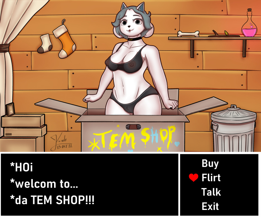 6:5 absurd_res anthro black_clothing black_panties black_underwear bottomwear breasts camel_toe canid canine clothed clothing collar dialogue_box english_text felid female grey_eyes grey_hair hair hi_res kevwrite mammal nipples panties partially_clothed pattern_clothing shorts solo striped_clothing stripes temmie_(undertale) text undertale undertale_(series) underwear video_games white_body