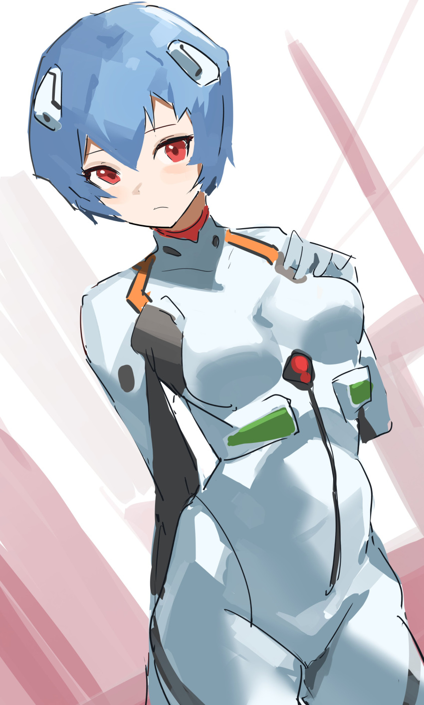 1girl absurdres ayanami_rei blue_hair blush bodysuit breasts closed_mouth hair_ornament highres neon_genesis_evangelion pilot_suit plugsuit red_eyes short_hair solo t-lex white_bodysuit