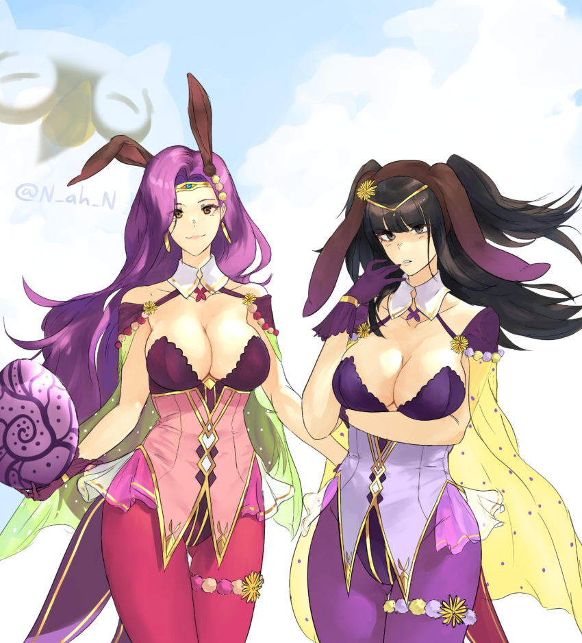 2girls absurdres ass_visible_through_thighs bangs bare_shoulders bird black_hair blunt_bangs bodysuit bracelet breasts cape circlet cleavage cloud covered_navel earrings easter_egg egg feh_(fire_emblem_heroes) fire_emblem fire_emblem_awakening fire_emblem_echoes:_shadows_of_valentia fire_emblem_gaiden fire_emblem_heroes gloves gold_trim hair_ornament highres jewelry large_breasts long_hair looking_at_viewer multiple_girls n_ah_n official_alternate_costume open_mouth outdoors owl pantyhose playboy_bunny plunging_neckline purple_eyes purple_hair rabbit_hair_ornament simple_background skin_tight sky smile sonya_(fire_emblem) tharja_(fire_emblem) thighs tiara two_side_up