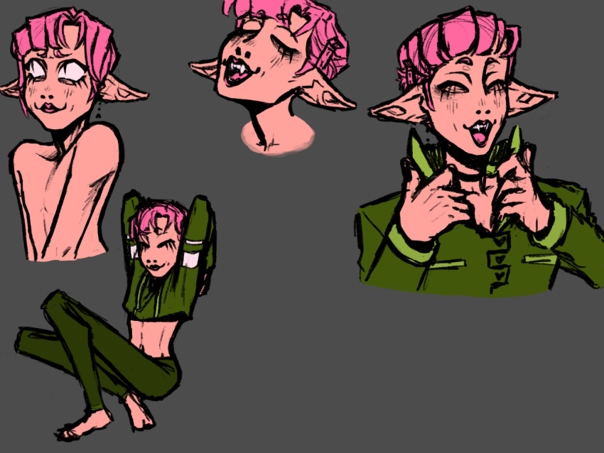 4:3 blush blush_lines bottomwear choker clothed clothing colored_sketch crop_top dreamscreep ear_piercing ear_ring eyelashes eyes_closed fan_character fangs fully_clothed girly green_clothing hair hands_behind_head humanoid humanoid_pointy_ears jacket jewelry lips male navel necklace not_furry pants piercing pink_hair pink_lips raised_arms ring_piercing shirt short_hair sitting sketch sketch_page smile solo topless topless_male topwear vampire