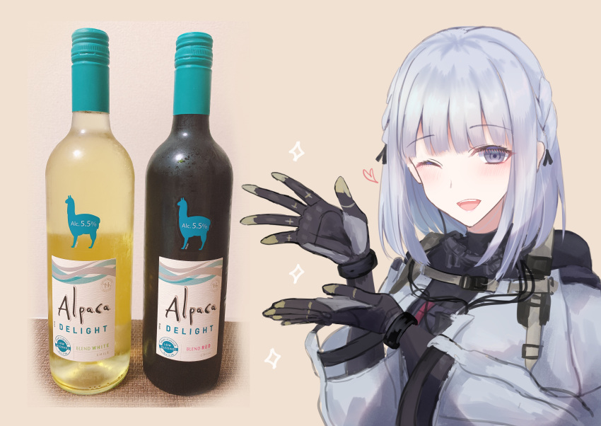 1girl absurdres bangs blush bottle braid breasts girls'_frontline grey_hair hair_ornament highres looking_at_viewer martinreaction one_eye_closed open_mouth purple_eyes rpk-16_(girls'_frontline) short_hair smile solo tactical_clothes upper_body wine_bottle yellow_background